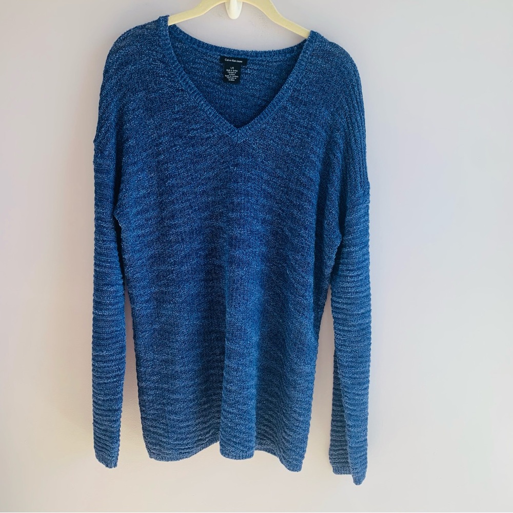 Calvin Klein Jeans Sweater Mid Blue V Neck Textured Medium Weight Casual Large